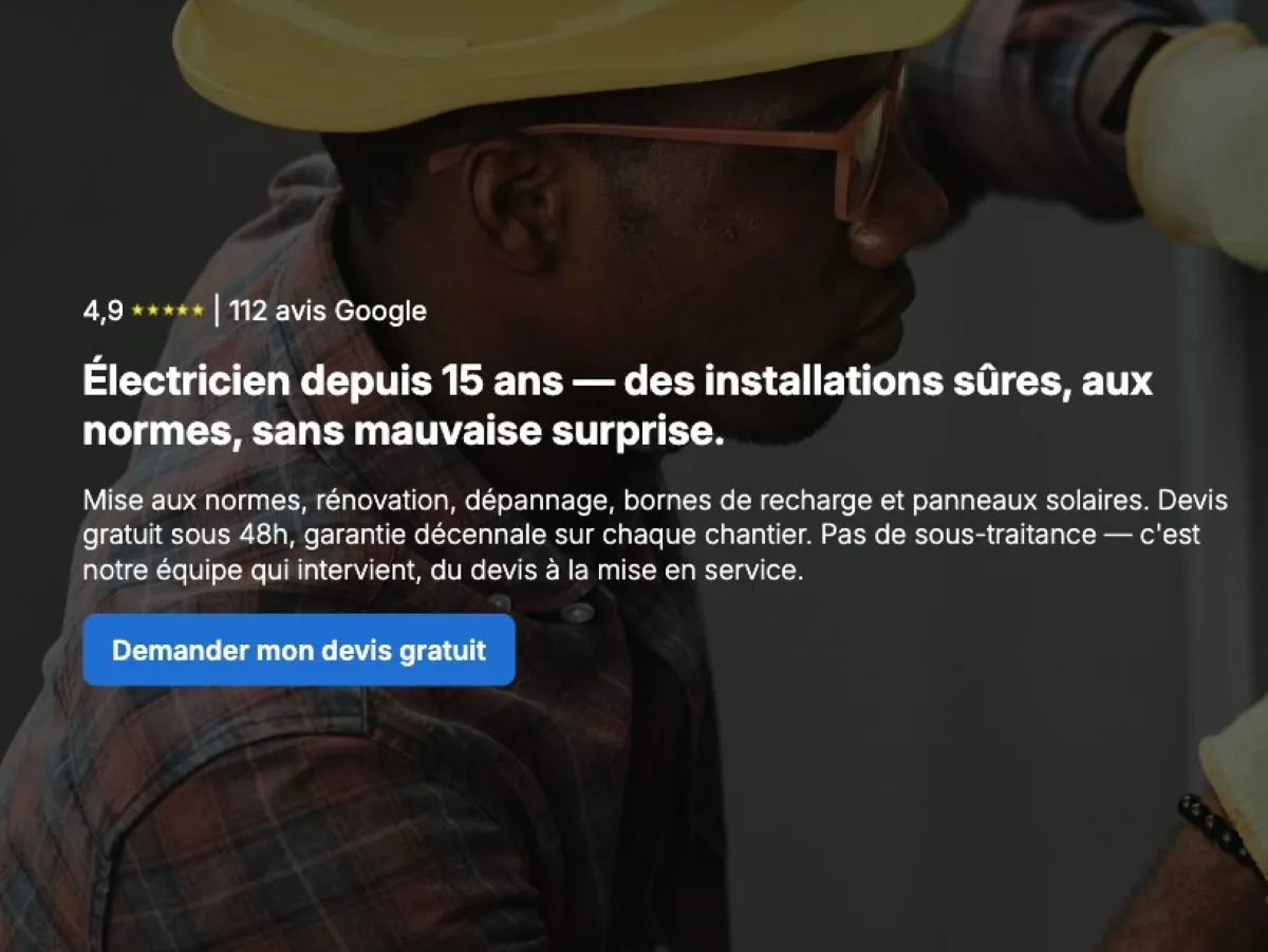 En-tête du site Ampère : note de 4,9 sur 112 avis Google, « Électricien depuis 15 ans », et le bouton Demander mon devis gratuit