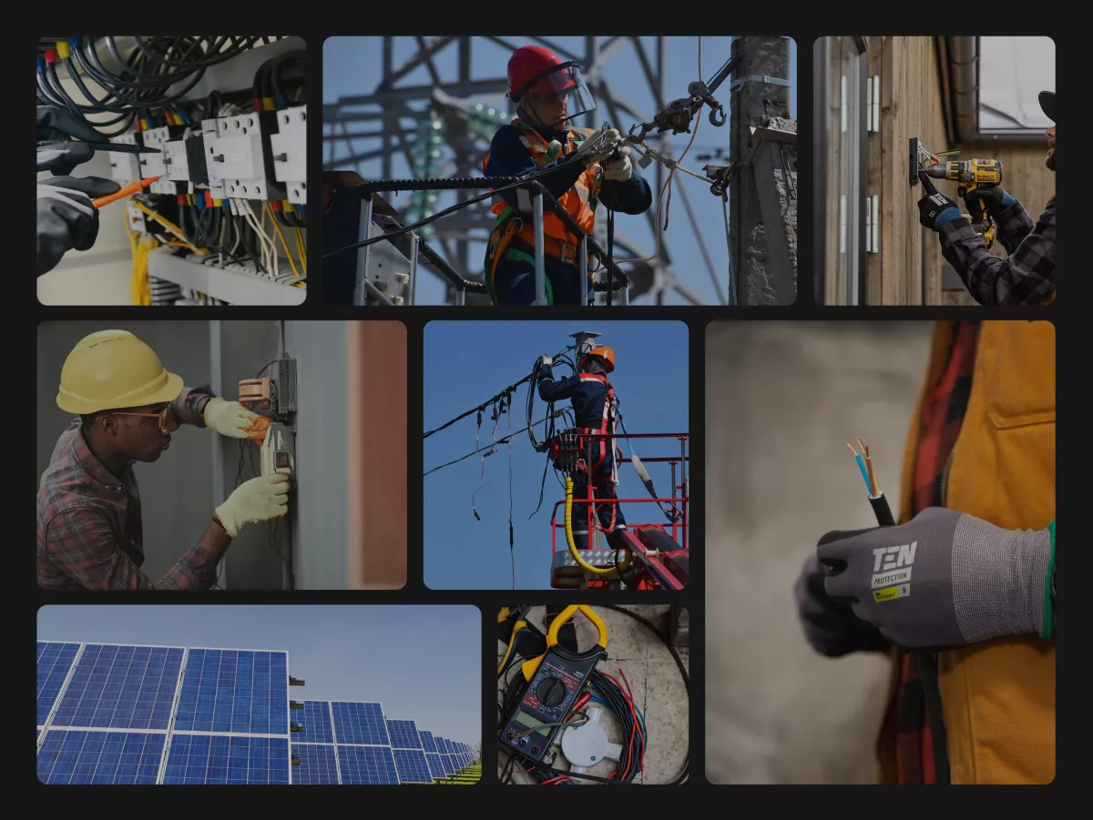 Grille des réalisations du site Ampère : tableaux électriques, raccordements, panneaux solaires et interventions