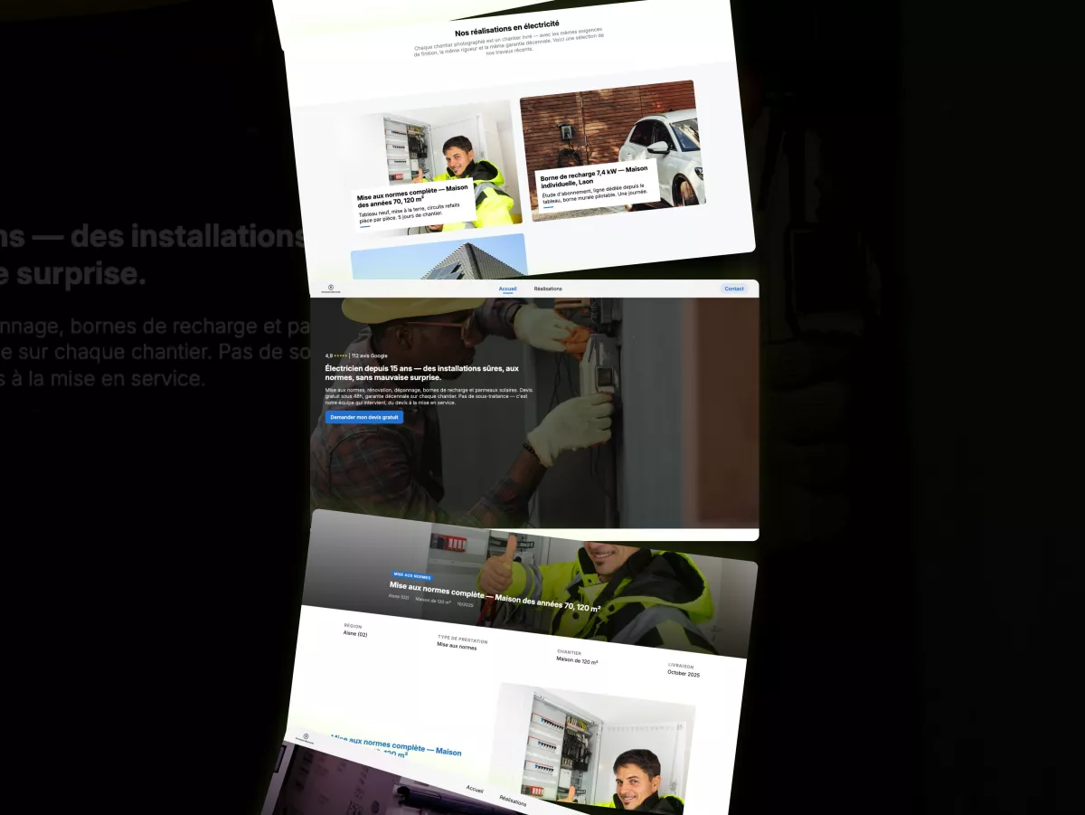 Plusieurs pages du site d'électricien Ampère présentées en perspective : réalisations, accueil et chantiers