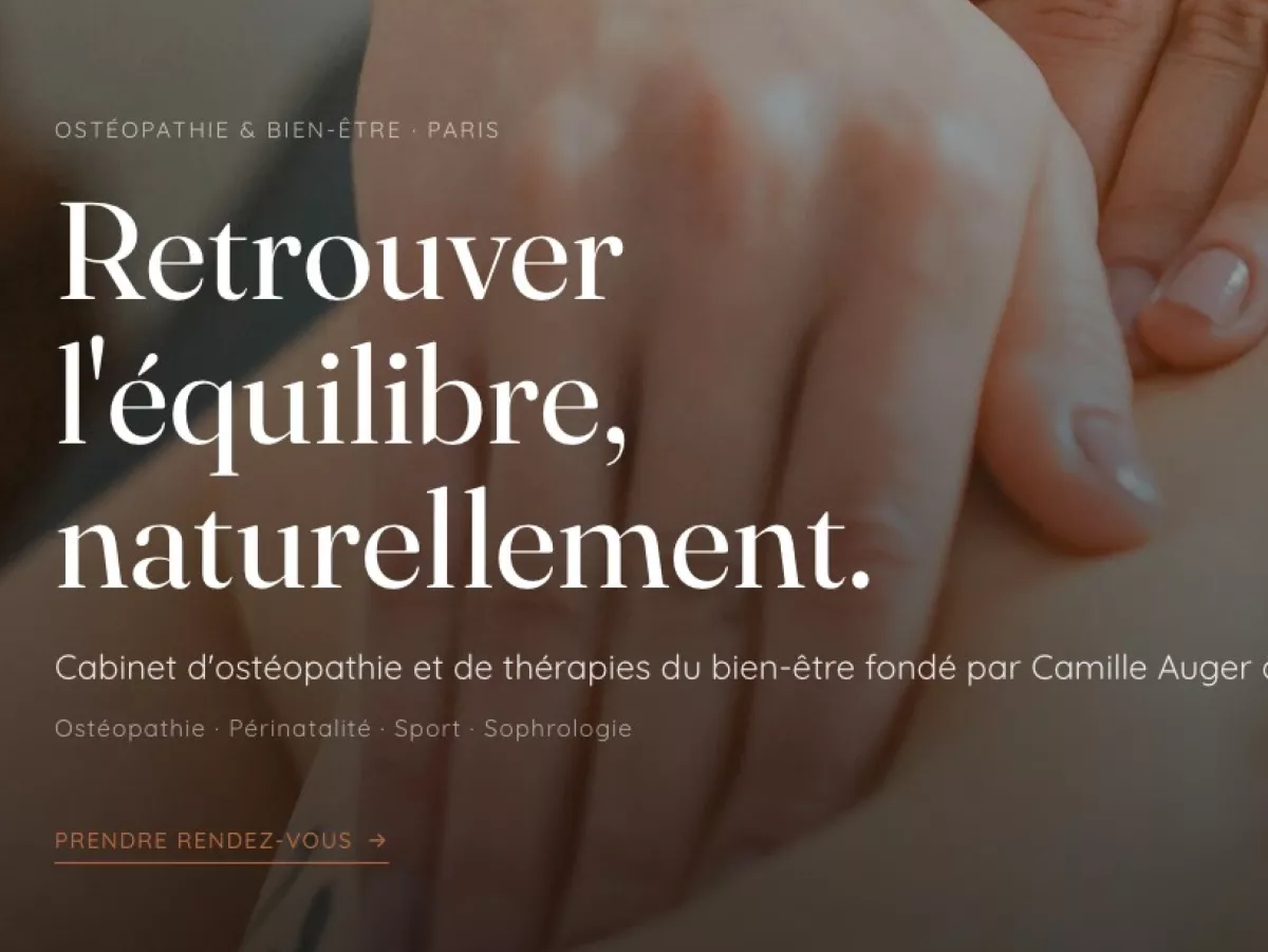 En-tête du site Ancrage : « Retrouver l'équilibre, naturellement. » sur une photo de mains en séance d'ostéopathie