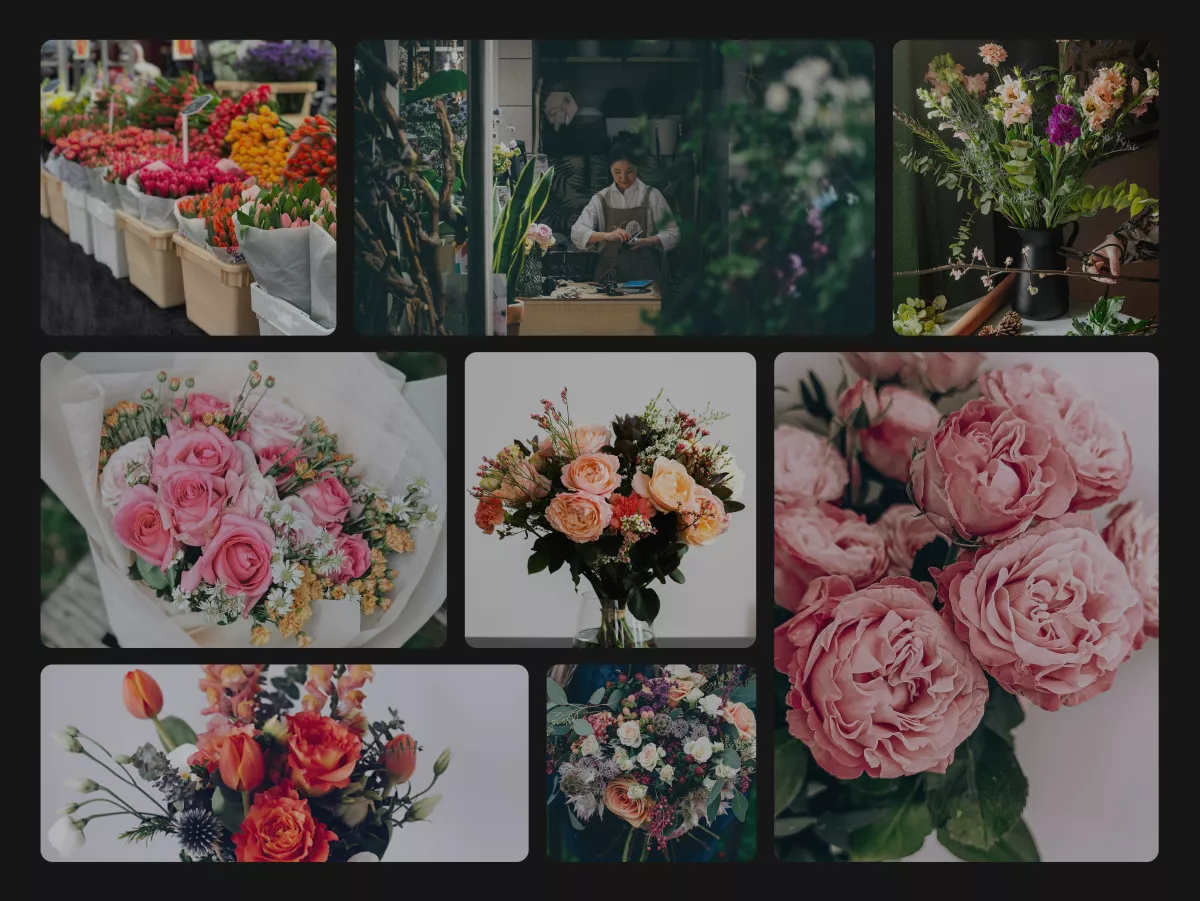 Grille des compositions florales du site Atelier Pistil : bouquets de pivoines, de roses et de fleurs de saison