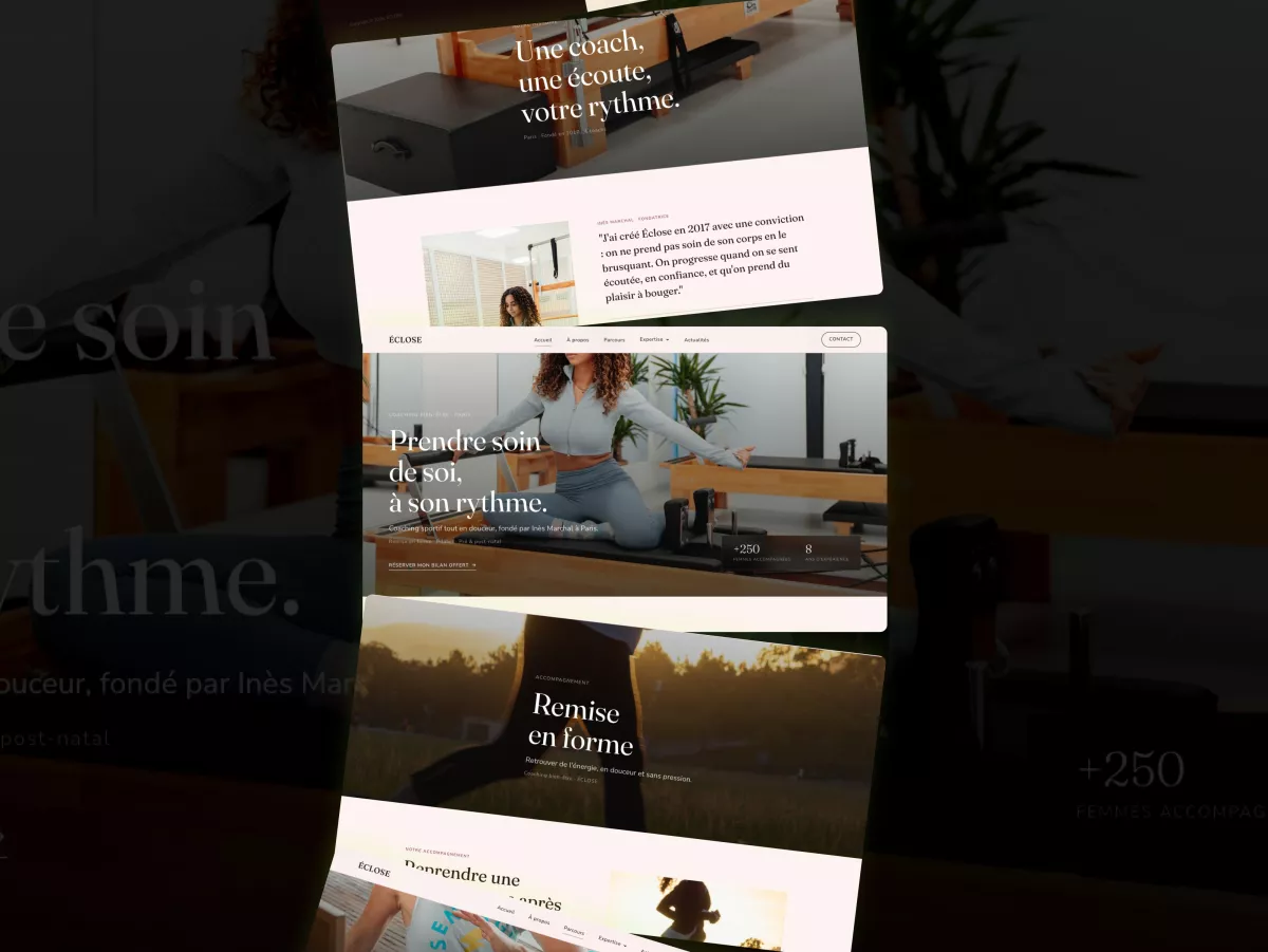 Plusieurs pages du site de coach bien-être Eclose présentées en perspective : accueil, à propos et remise en forme