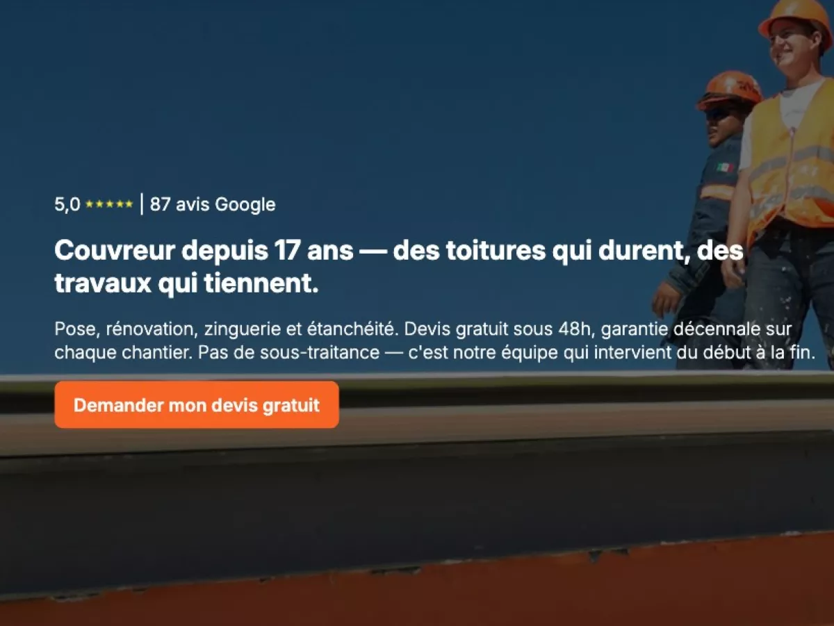 En-tête du site Faîtage : note de 5,0 sur 87 avis Google, « Couvreur depuis 17 ans », et le bouton Demander mon devis gratuit