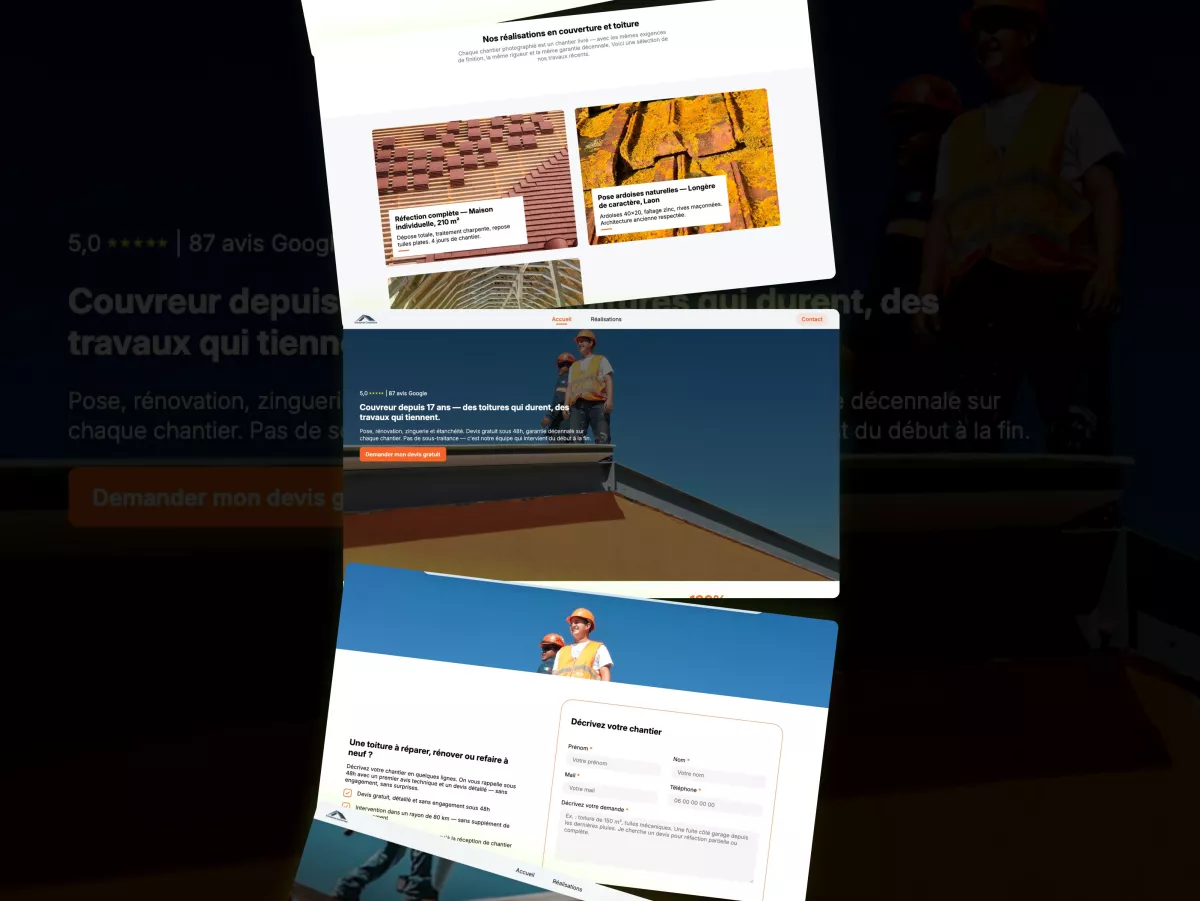 Plusieurs pages du site de couvreur Faîtage présentées en perspective : réalisations, accueil et formulaire de devis