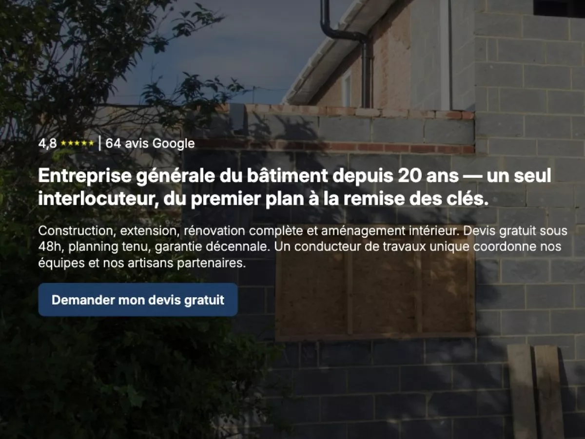 En-tête du site Fondation : note de 4,8 sur 64 avis Google, « Entreprise générale du bâtiment depuis 20 ans », et le bouton Demander mon devis gratuit