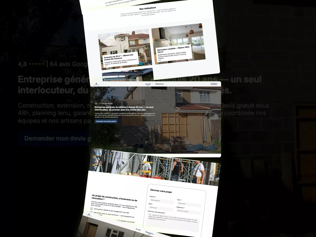Plusieurs pages du site d'entreprise générale du bâtiment Fondation présentées en perspective : réalisations, accueil et formulaire de projet
