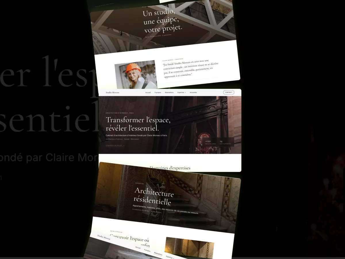 Plusieurs pages du site d'architecte d'intérieur Studio Moreau présentées en perspective : accueil, à propos et architecture résidentielle