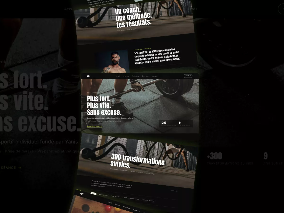 Plusieurs pages du site de coach sportif Volt présentées en perspective : accueil, à propos et transformations suivies